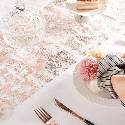 Rose Gold Table Runner Set 3 Pcs 11 x 84 Inch Mesh Sequin Distinctive Elegant