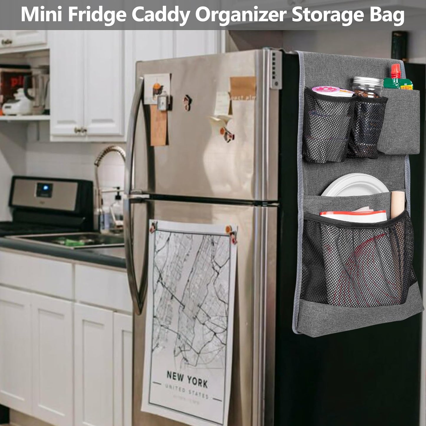 Rexmica Mini Fridge Organizer - 14 Pocket Dust Cover Storage Bag for Home, Office & Dorm | Gray