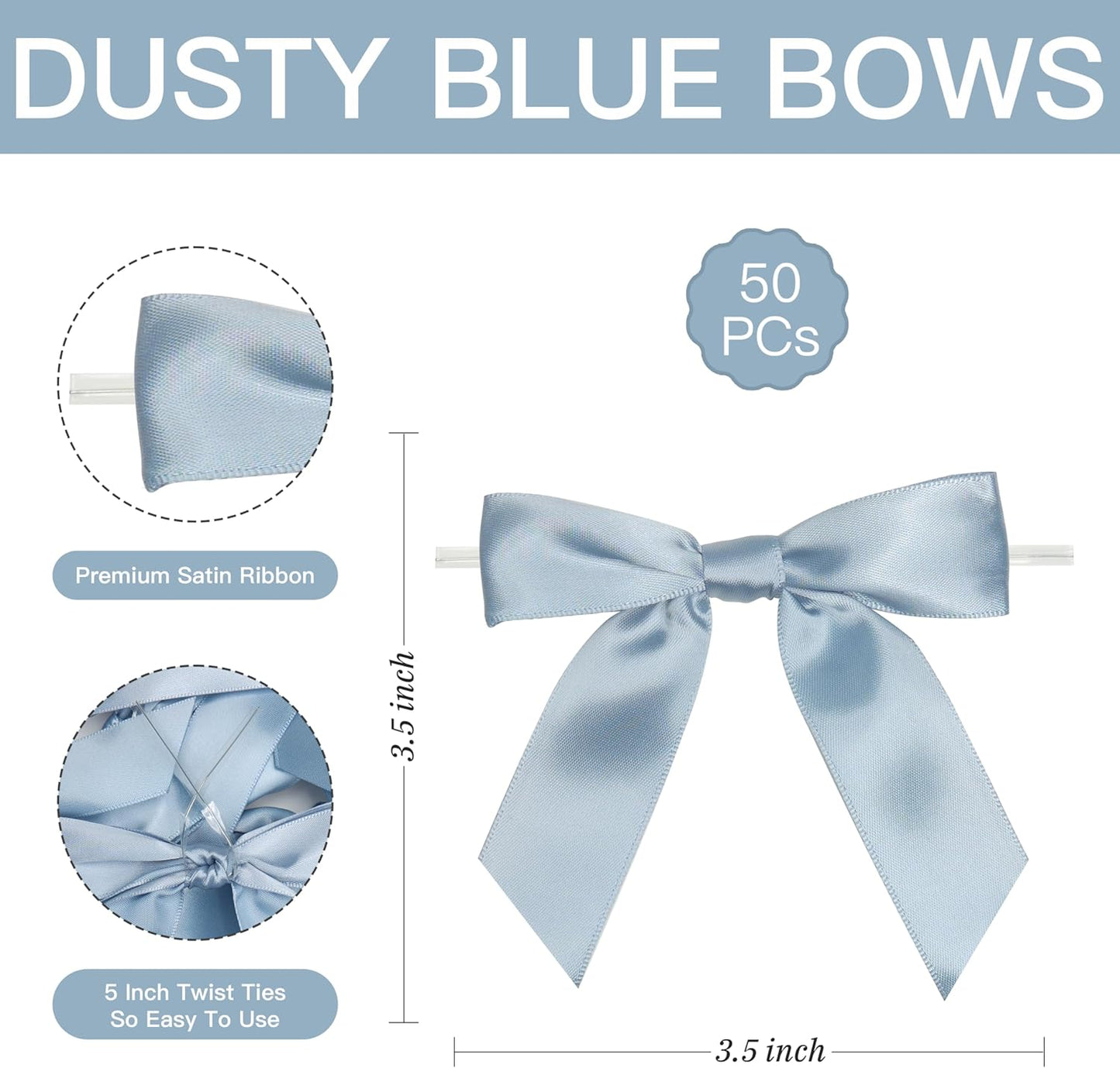 Twist Tie Bows by Dusty Blue - Pre-Tied Satin Ribbon Bows for Gift Wrapping | 3.5" | 50 Pack