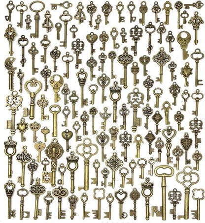 JIALEEY Vintage Skeleton Key Set - 125 PCS Antique Bronze Charms for DIY Jewelry & Wedding Favors