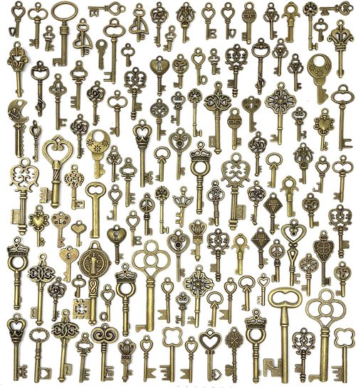 JIALEEY Vintage Skeleton Key Set - 125 PCS Antique Bronze Charms for DIY Jewelry & Wedding Favors