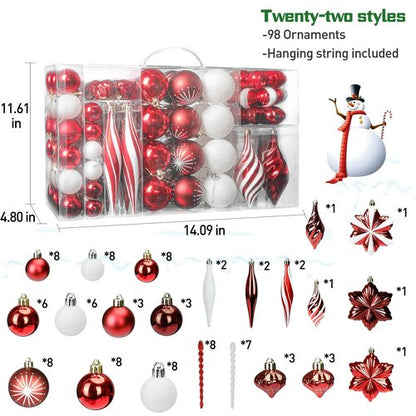 Christmas Ornaments Set, 98pcs Large Shatterproof Christmas Ball Ornaments - Red and White Tree Decorations with Hanging Loop for Holidays, Weddings, Parties