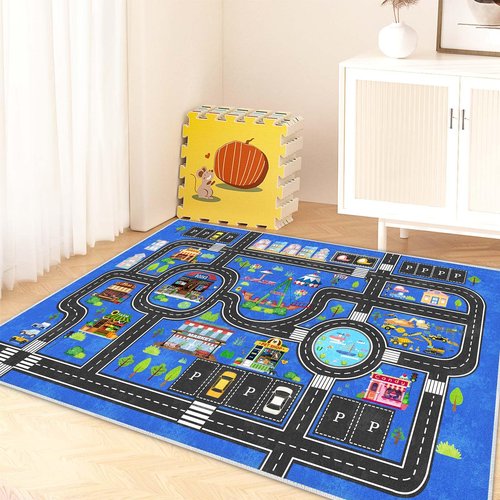 Fuzorise Kids Car Road Rug for Playroom, Washable Non-Slip Kids Rug for Girls & Boys Bedroom, Kids Carpet Educational City Traffic Route Playmat for Classroom