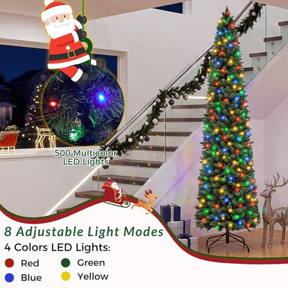 NEWBULIG 9 ft Pencil Christmas Tree - Green with Multicolor LED Lights, 1100 Tips, 8 Modes, Slim Pre-Lit