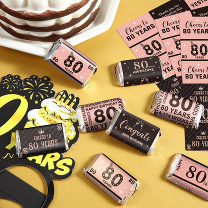 Tenare 90 Pcs 80th Birthday Candy Bar Wrappers - Black & Pink Stickers for Women’s Celebration