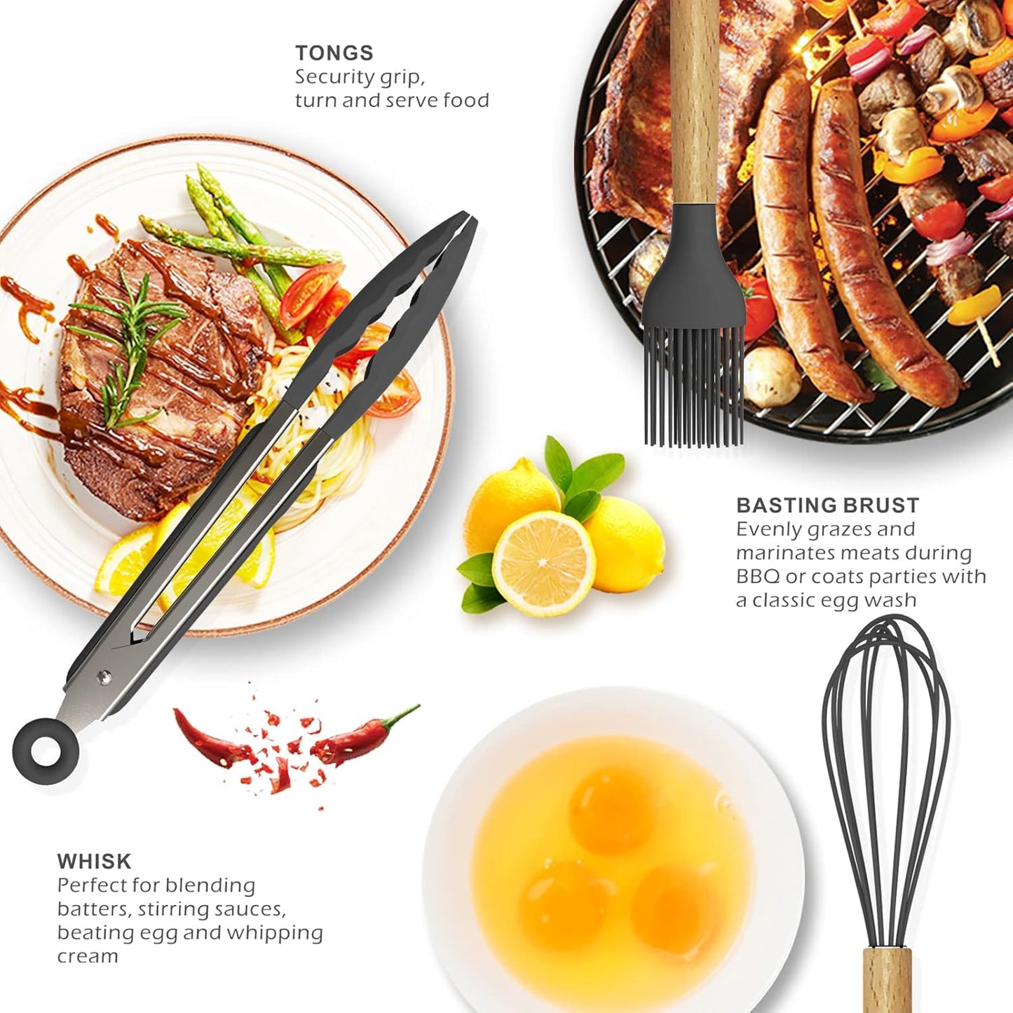 Oannao Silicone Cooking Utensils Set - 446°F Heat Resistant, BPA Free Kitchen Gadgets | Gray Color