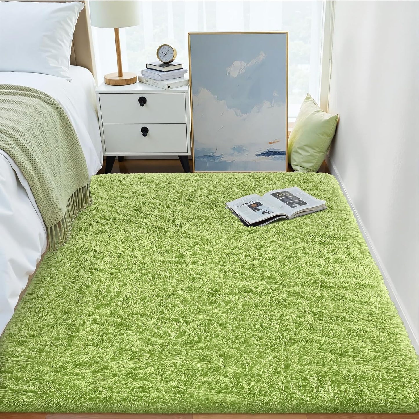 OLANLY 3x5 Soft Fluffy Shaggy Bedside Rug - Machine Washable Indoor Carpet for Kids & Nursery | Grass Green