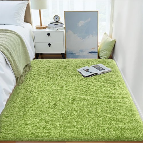 OLANLY 3x5 Machine Washable Small Bedside Rug, Soft Fluffy Shaggy Rugs for Living Room, Bedroom, Indoor Floor Carpet for Kids Girls and Boys, Preppy Dorms, Nursery, Home Decor Aesthetic, Grass Green