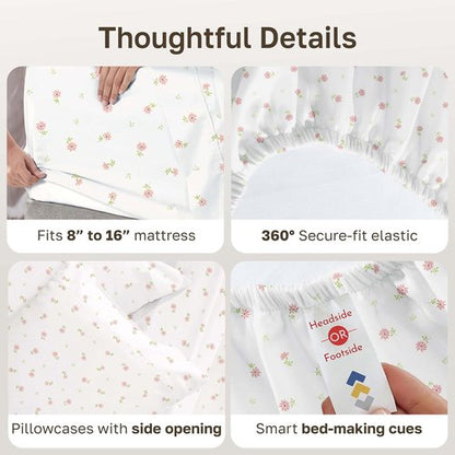 California Design Den Queen Size Bed Sheets Set - 100% Cotton, 400 Thread Count, Smooth Sateen Finish, Deep Pockets, Floral Design