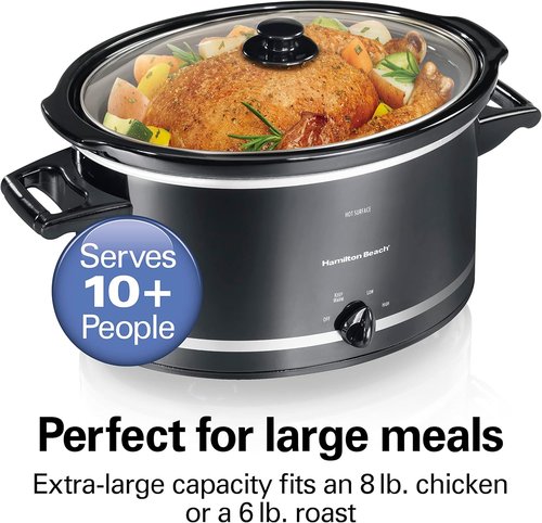 Hamilton Beach Slow Cooker - 8-Quart Capacity with 3 Cooking Settings & Dishwasher-Safe Stoneware, Black