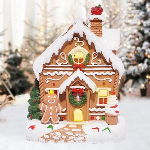 Hodao Gingerbread House Decor Figurine - Battery-Powered 5.1" Resin Village for Festive Indoor Displays