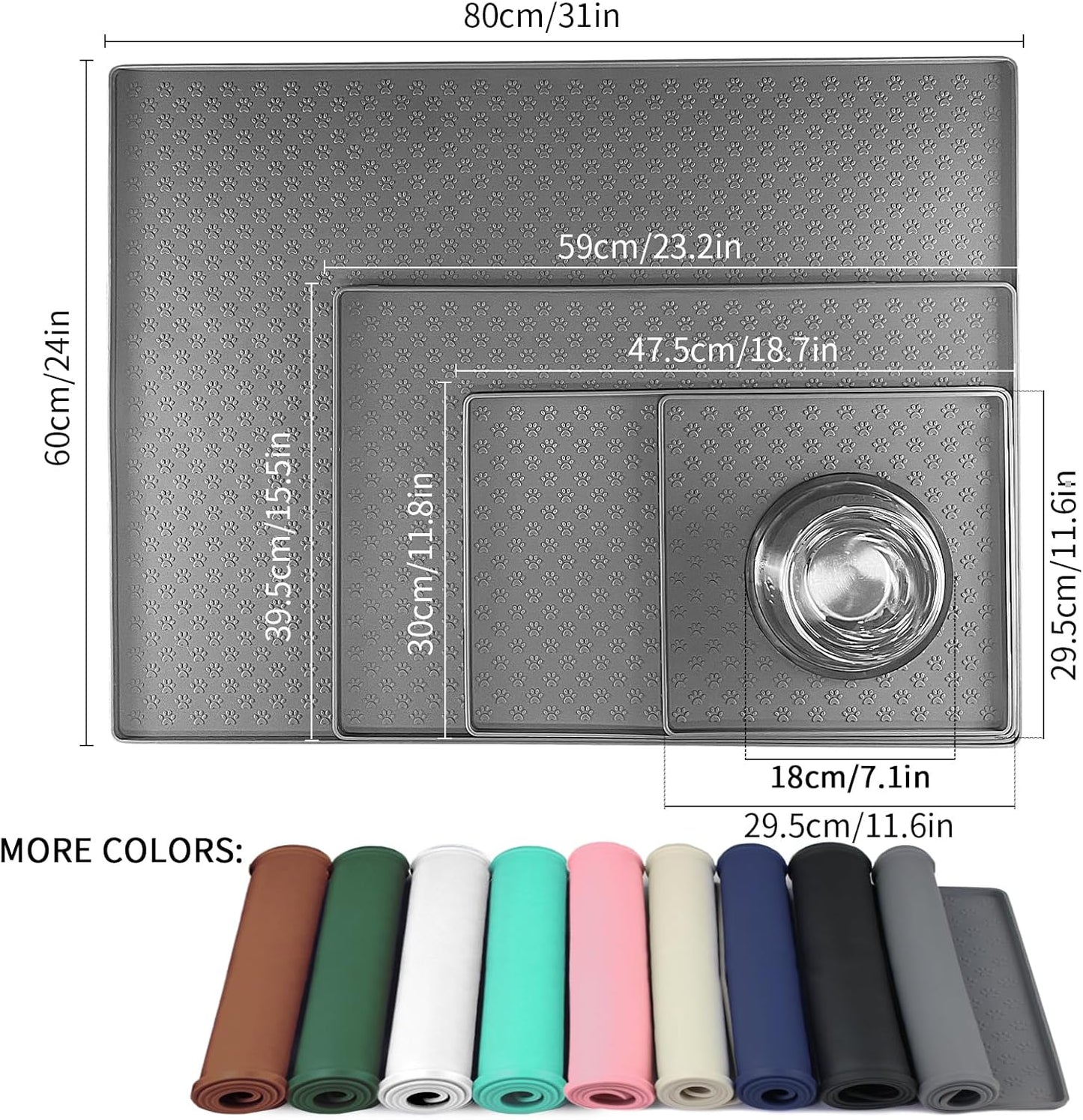 Ptlom Pet Placemat - Silicone Food & Water Mat for Dogs & Cats | Grey, 18" x 12" Size