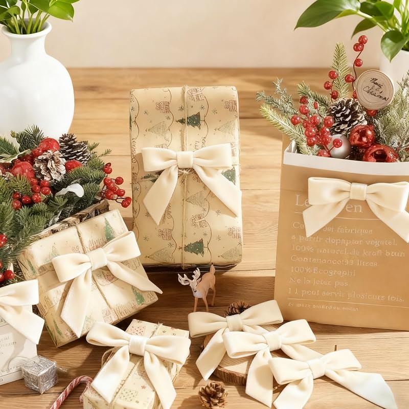 Meseey 2.5 Inch Velvet Bows with Twist Tie – 50 Pcs Khaki Brown Moss Ivory Copper Velvet Ribbon Bows