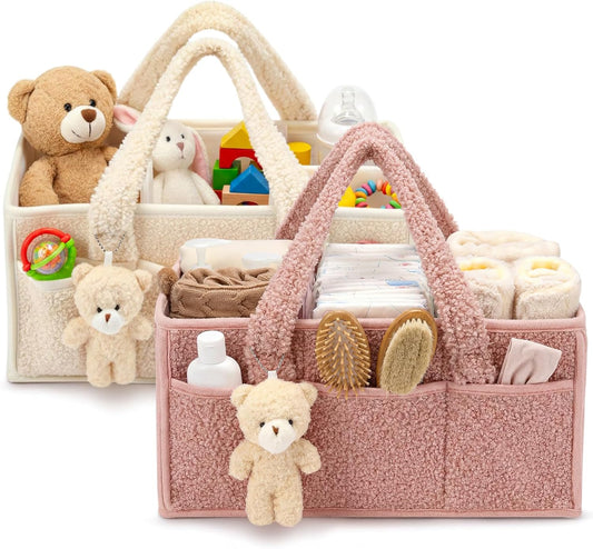 Shinylin Diaper Caddy Organizer - 2 Pack Nursery Storage Bins with Handle | Powder Pink & Ivory