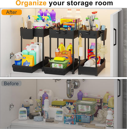 Sevenblue 3-Pack Under Sink Organizers - 2-Tier Kitchen & Bathroom Storage with Sliding Drawers | Black, 14.8 Inch