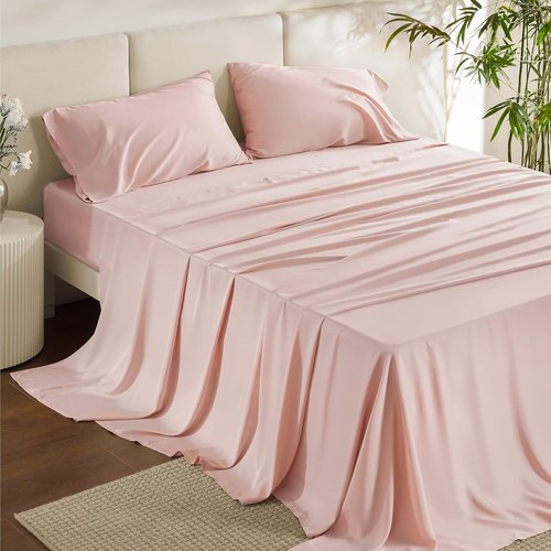 Bedsure King Size Cooling Sheets Set - Breathable & Soft Rayon from Bamboo, Deep Pocket, Pink