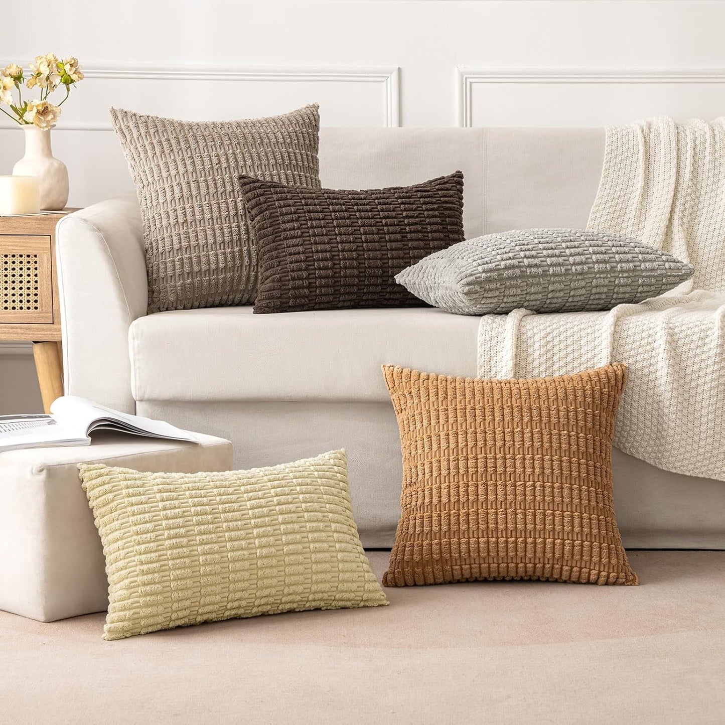MIULEE Corduroy Throw Pillow Covers - Soft Boho Striped Design | 18x18 Inch, Brown, Perfect for Home Decor