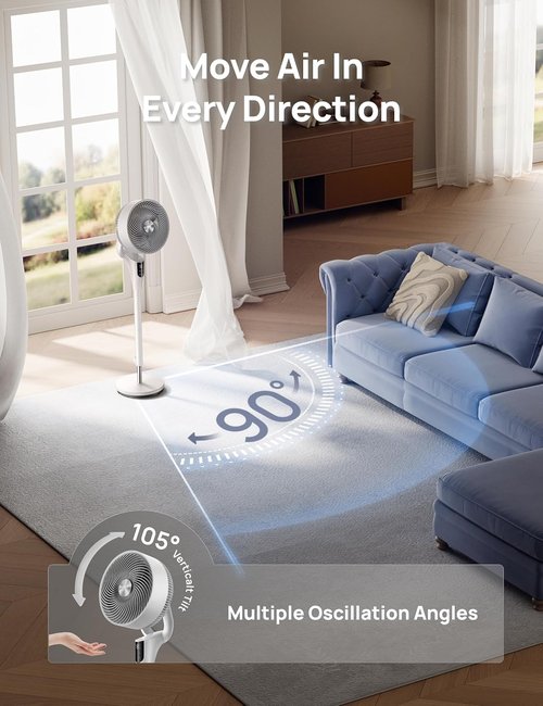 DREO Oscillating Standing Fan - 90° Airflow, 20dB Quiet Operation, Adjustable Height 38-42''