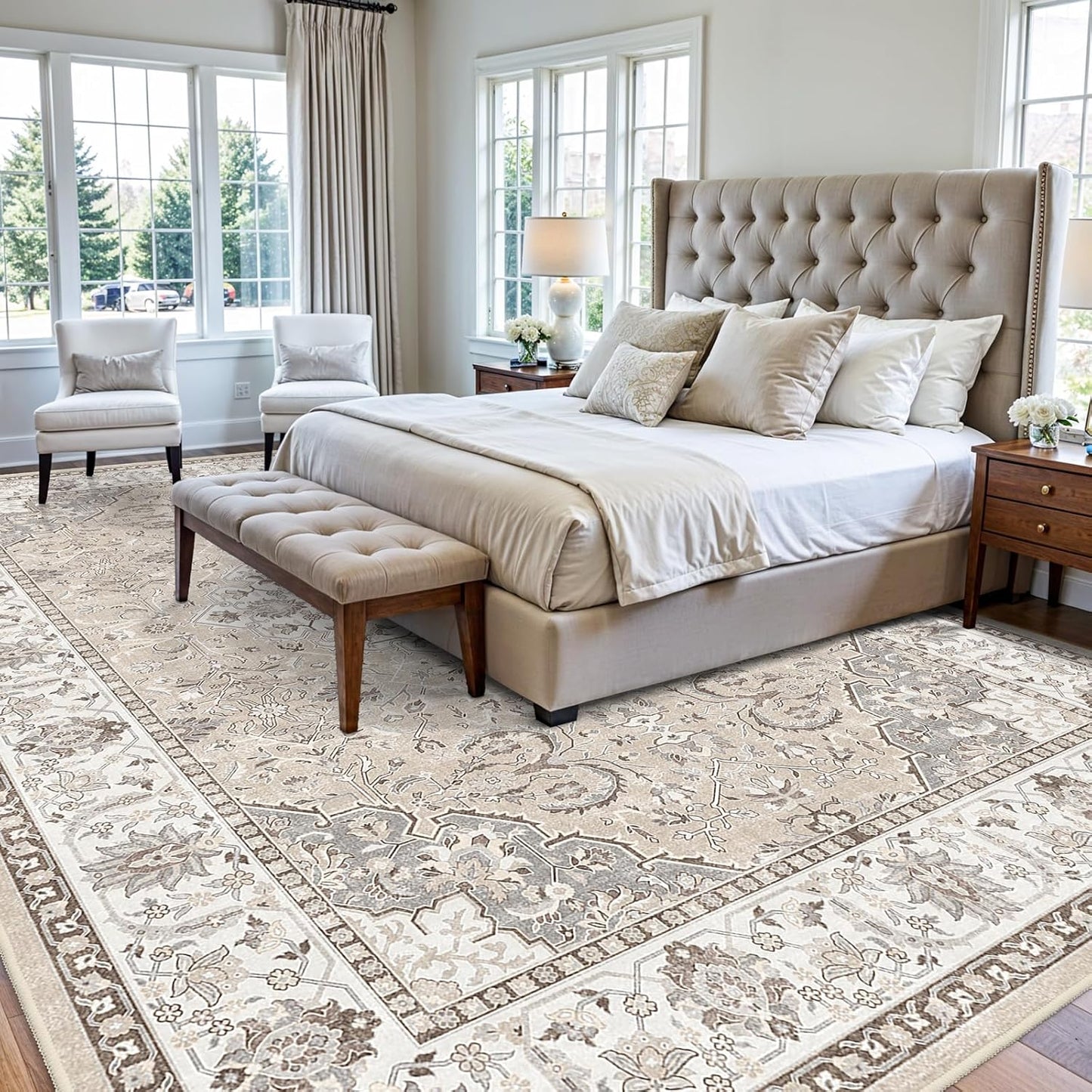 Skiennix 10x14 Washable Vintage Area Rug - Soft, Stain Resistant, Non-Slip Backing | Pet Friendly Beige Carpet