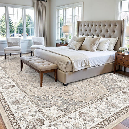 Skiennix 10x14 Washable Vintage Area Rug - Soft, Stain Resistant, Non-Slip Backing | Pet Friendly Beige Carpet