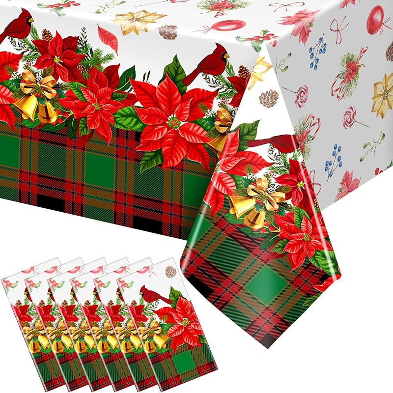 Peryiter 6 Pcs Merry Christmas Plastic Poinsettia Tablecloths 54 x 108 Inches - Variation 6