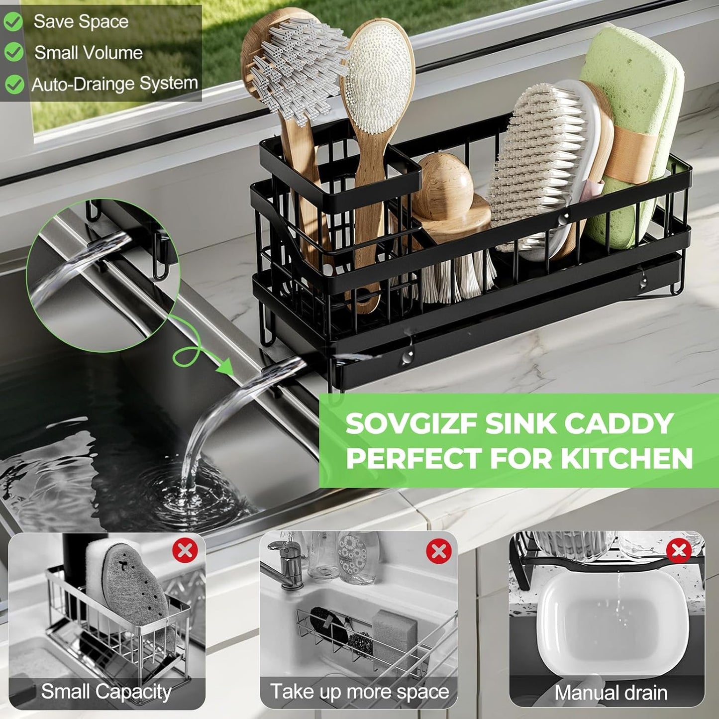 Sink Caddy Kitchen Organizer - Wall-Mounted Sponge Holder & Brush Storage | Rustproof 304 Stainless Steel