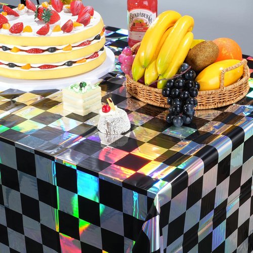 Checkered Plastic Tablecloths by Iridescent | Shiny Disposable Laser Rectangle Covers - 54x108 Inch for Parties