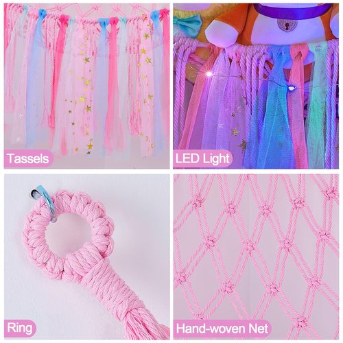 FIOBEE Stuffed Animals Net or Hammock with LED Light, Toy Hammock Hanging Stuffed Animals Storage Organizer Holder Room Décor for Nursery Kids Bedroom