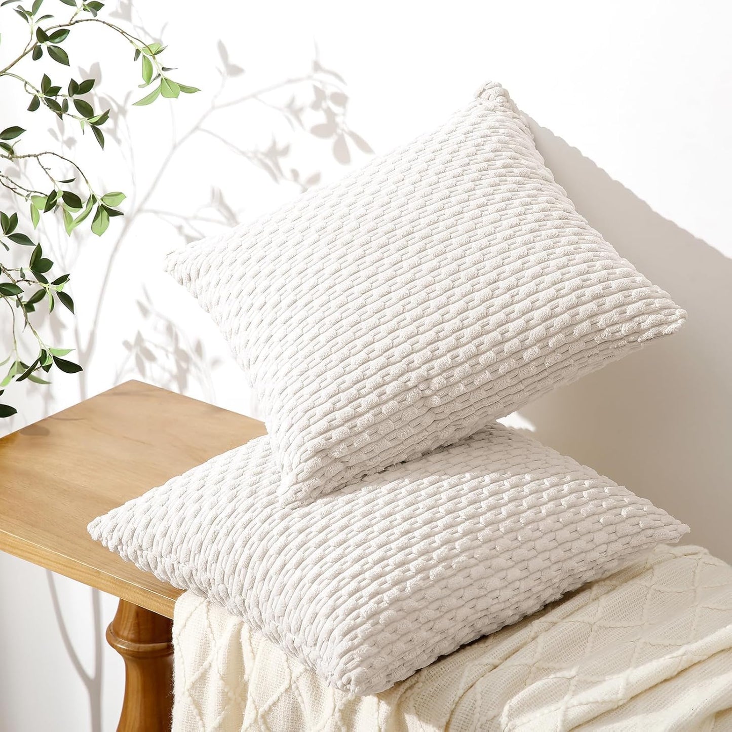 Softalker Throw Pillow Covers - Set of 2, 18x18 Inch Soft Corduroy Boho Stripe for Farmhouse Decor | Beige