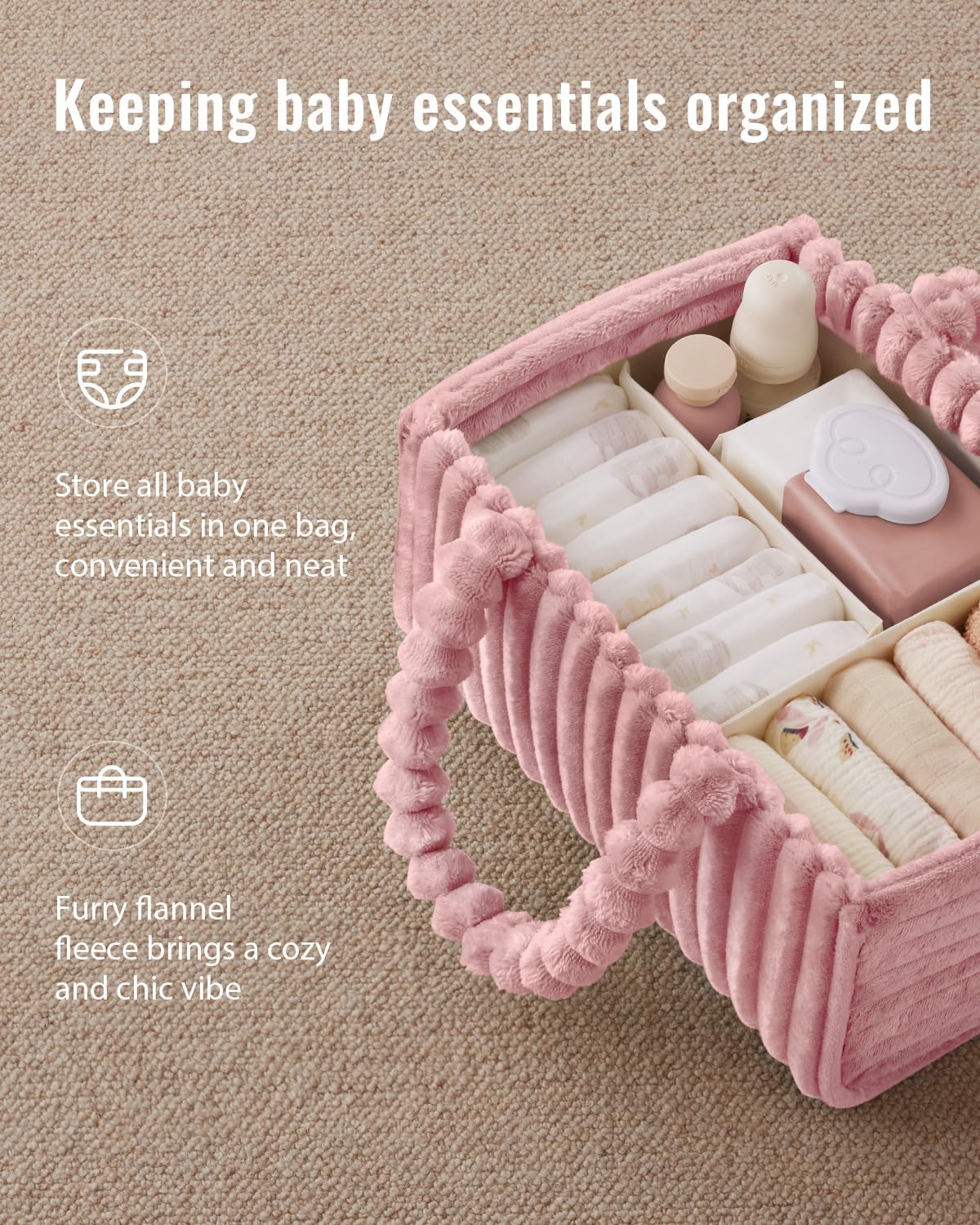 Blissful Diary Flannel Diaper Caddy Organizer - Cozy Nursery Storage Basket in Blush Pink | Perfect Baby Shower Gift