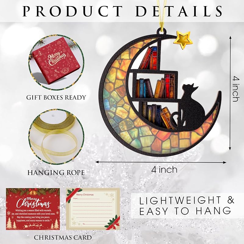 Moon Book Ornament – Stained-Glass Wood & Acrylic Cat & Book Holiday Decoration (Variation: Moon Book)