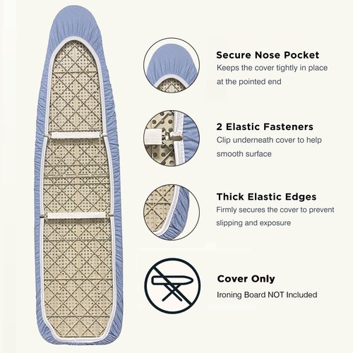 UniSimp Ironing Board Cover and Pad 15"x54" Extra Thick Natural Cotton, Scorch and Stain Resistant Padding, Standard Size Iron Board Cover with Fasteners Heavy Duty Elastic Edge, Heatproof Blue