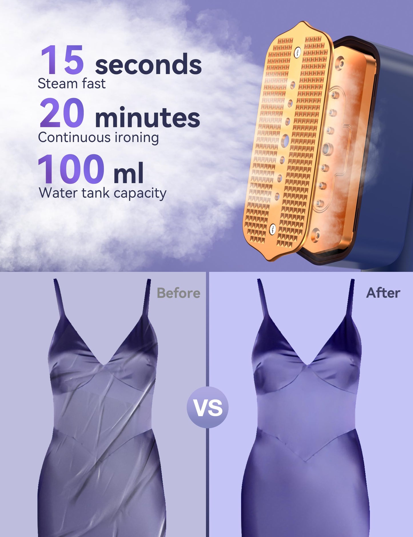 Travel Steamer for Clothes,15s Fast Heat-up Portable Iron,35mins Runtime & 100ml Large Tank,25g/min Steam,Ceramic Panel,Stands on Desk,Wrinkle Remover for Travel, Home, Office(Blue Gradient Gold)