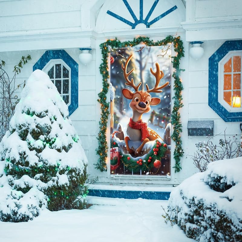 6ft x 3ft Christmas Reindeer Door Cover - Festive Fabric Front Door Decoration