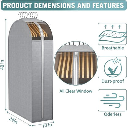 Liuoud 40" Gusseted Garment Bags - Clear Window Clothing Covers for Suits, Coats & Dresses | 3-Pack