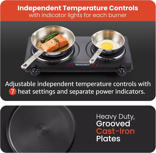 Elite Gourmet Double Cast Iron Burner - 1500 Watts Electric Hot Plate with Temperature Control | Black