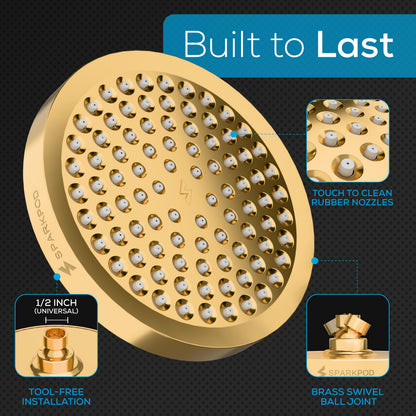SparkPod Shower Head - High Pressure Rain - Premium Quality Luxury Design - Easy Clean Adjustable Replacement for Your Bathroom Shower Heads (Egyptian Gold, 6 Inch Round)