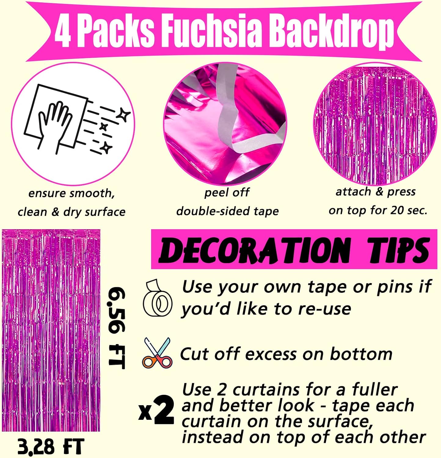 Skiennix 4 Pack Fuchsia Fringe Curtain Backdrop - 3.2Ft x 6.6Ft Metallic Tinsel Streamers for Parties & Events