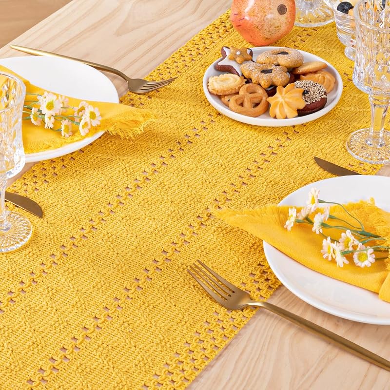 Mustard Yellow Macrame Table Runner 12 x 60 Inches with Tassels - Cotton Linen Blend, Boho Farmhouse Home Decor