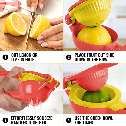 Zulay Metal 2-In-1 Lemon Squeezer Manual - Sturdy, Max Extraction Hand Juicer Lemon Squeezer Gets Every Last Drop - Easy to Clean Manual Citrus Juicer - Easy-to-Use Lemon Juicer Squeezer - Red/Yellow