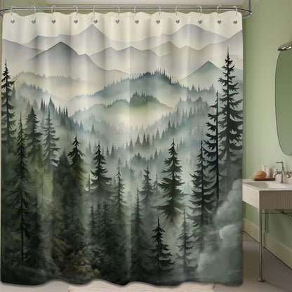 QGHOT Mountain Shower Curtain Green Forest Nature Shower Curtains for Bathroom Rustic Woodland Pine Tree Landscape Bath Decor Sets, Waterproof Polyester Fabric with Hooks, 70x72in