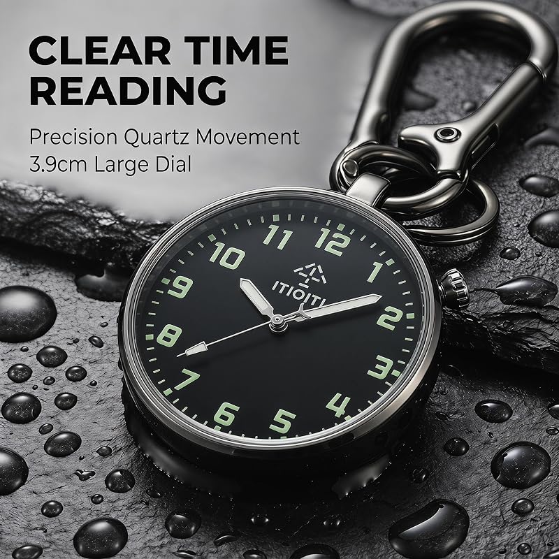 Clip On Pocket Watch with Luminous Dial, Carabiner Clip - Silver Case, Black Dial (1.54 in) - ITIOITI
