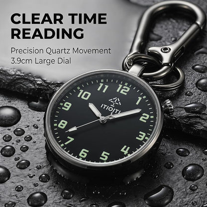 Clip On Pocket Watch with Luminous Dial, Carabiner Clip - Silver Case, Black Dial (1.54 in) - ITIOITI