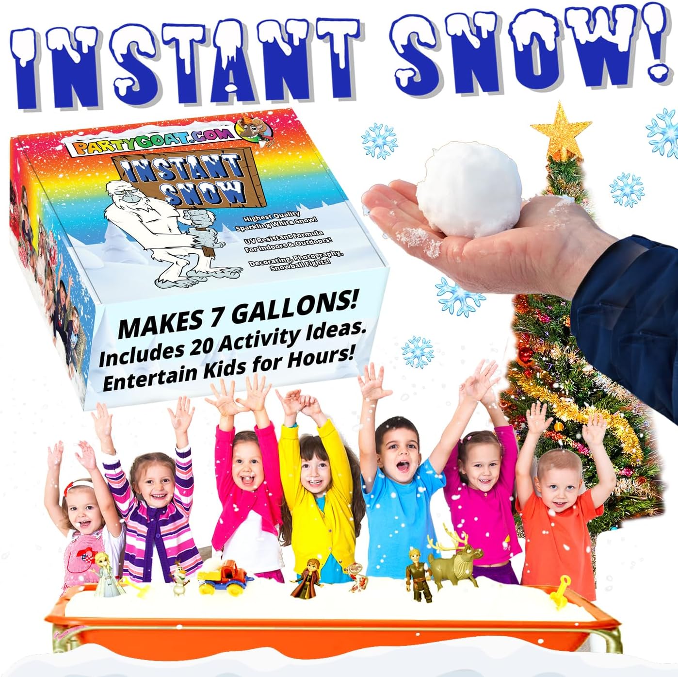Party Goat Instant Snow Powder - Create 7 Gallons of Fake Snow for Sensory Play | 18oz, Just Add Water