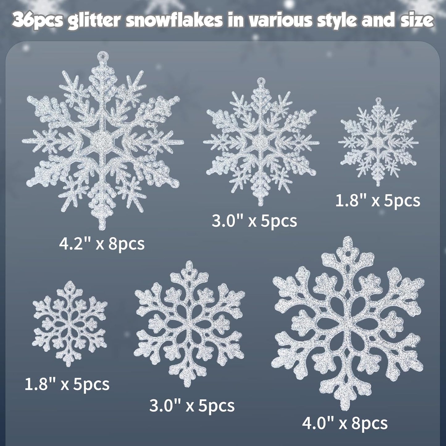 Skiennix 36-Piece Christmas Silver Snowflake Ornaments - Glittery Winter Tree Decorations