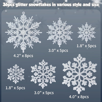 Skiennix 36-Piece Christmas Silver Snowflake Ornaments - Glittery Winter Tree Decorations