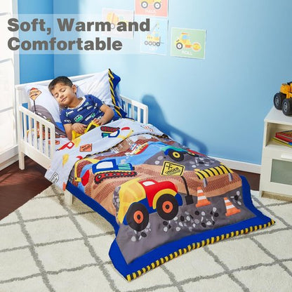 EVERYDAY KIDS 4 Piece Toddler Bedding Set - Under Construction - Includes Comforter, Flat Sheet, Fitted Sheet and Reversible Pillowcase
