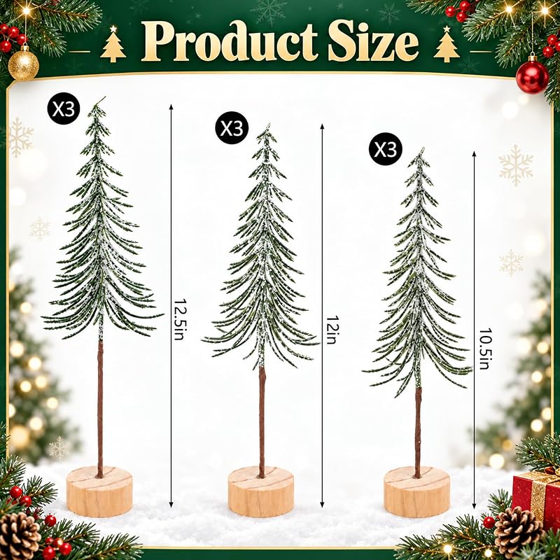 9 Pcs Mini Alpine Christmas Trees Set - Green & White Snow Decor, 12.5in, 12in, 10.5in Variation Green+1in