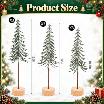 9 Pcs Mini Alpine Christmas Trees Set - Green & White Snow Decor, 12.5in, 12in, 10.5in Variation Green+1in