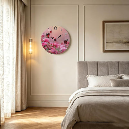12-Inch Silent Round Wall Clock with Non-Ticking Mechanism - Pink Rose Butterfly Variation